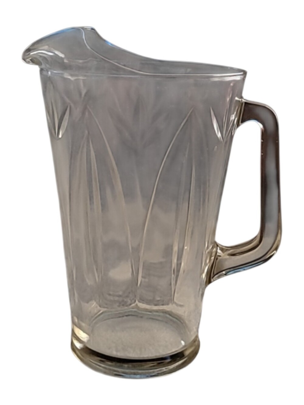 Pitcher clear vintage with ice block lip and substantial handle, heavy 8.5" tall
